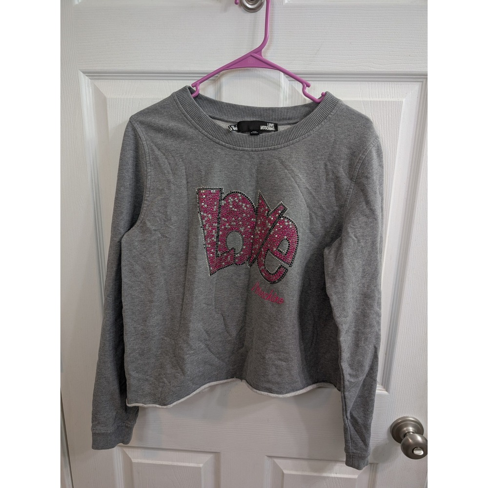 Love Moschino Sweatshirt Womens Gray Rhinestone Love Cropped Top - Size 10
